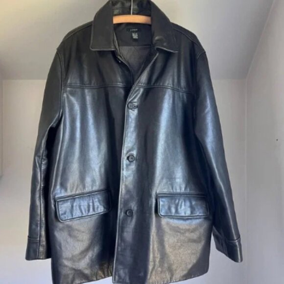 Vintage J. Crew Men's Black Leather Button Down Car Coat Jacket Size XL - Picture 4 of 5